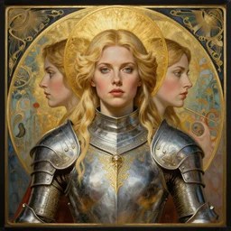 masterpiece head-on symmetrical centered painted portrait, Imogen Poots and Elisha Cuthbert as a warrior paladin, blonde hair, golden halo, ornate iron armour, art nouveau, elegant, distant, in the style of Edgar Maxence and Ross Tran and Zdzisław Beksiński and Michael Whelan and Anna Podedworna and gustav dore and H.R. Giger, 8k, octane render