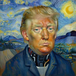 a beautiful painting cyberpunk robot donald trump face, by kelly mckernan guido reni jan vermeer brief biography van gogh edvard munch dana irving lawren harris realistic oil painting