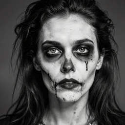 zombie beauty, 8 k hd close up full body portrait, old black and white,