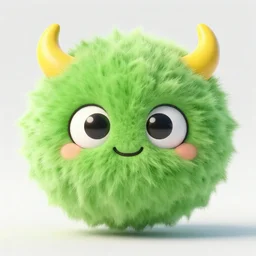 Cute Fluffy fuzz ball with adorable googly eyes and handsome smile, green fur and yellow horns