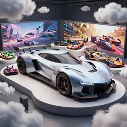 concept vehicle in twisted metal, gta, split second, wreckfest, flatout, onrush, and motorstorm. art by filip hodas and artgerm. showroom display. clouds by rhads. 3 d render, surrealism, hyperrealism.