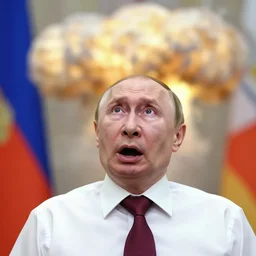 vladimir putin, freaked out!!!, gasped for air with open mouth, scared!!, looking directly to sky, looking up, terrified of explosions nearby, by donato giancola and greg rutkowski and wayne barlow and zdzisław beksinski, realistic face, digital art, air strike, explosion visible nearby