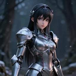 portrait focus of knight beautiful 3D anime girl, bionic armor wearing, dark forest background, snowing, bokeh, inspired by Masami Kurumada, digital painting, high contrast, unreal engine render, volumetric lighting, high détail