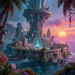 a beautiful hyperdetailed highly detailed sea fort urbex nature by jan van goyen, retrowave alien cosmic postcyberpunk vice city water otherworldly infrared vaporwave crystal rainforest cyberpunk hyperrealism nature evil desert sunset junglepunk steampunk elysian made of glass reclaimed by nature, archdaily, wallpaper, highly detailed, trending on artstation.