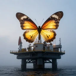 in the early morning fog, a large, glowing butterfly sits on top of an oil platform by craig mullins