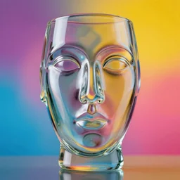 photograph of a glass scult of a woman's face, colourful background