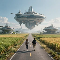 A science fiction landscape with two people walking down a road flanked by fields, in the distance a floating futuristic city, clear skies, volumetric light, hyperdetailed, artstation, cgsociety, 8k