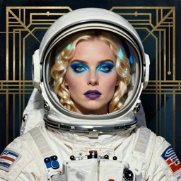 art by coles phillips, eva green as a french astronaut from the year 2 5 0 0, blonde hair, blue makeup, green eyes, shiny helmet, mucha, kandinsky, art deco, dark deco,