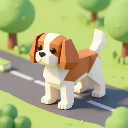 low poly 3 d render of a cavalier king charles spaniel, on a road in a park on a sunny day, isometric