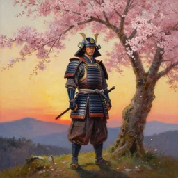 detailed oil painting of a samurai in armor standing on a hill at sunset, a cherry blossom tree is next to the samurai, by elmore, larry