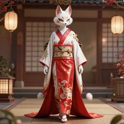 kitsune geisha fancy hakama, full body, unreal engine octane, red and white,  gliter, depth of field, 8k, hyper detailed, trending on artstation