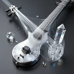 a picture of a musical instrument based on quantum mechanics, liquid metal, glass fiber, glass and crystals, ray tracing reflections, textured, elegant, hyperrealistic