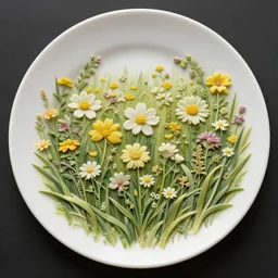 a field of flowers carved on a plate, photo realistic, photo studio, well detailed, HDR