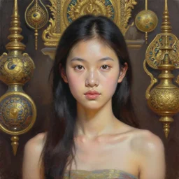a portrait of a beautiful young chinese girl surrounded by thai traditional art ornaments, by artgerm, nick silva, ja mong, greg rutkowsky, oil painting, soft painting, photorealism, skin reflections