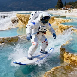 an amazing digital painting of an astronaut in a white and royal blue luxurious space suit surfing an interstellar tsunami on a futuristic surfboard at Pamukkale, thermal waters flowing down multiversal gold travertine terraces by greg rutkowski, photorealistic, trending on artstation, highly detailed, unreal engine, octane render