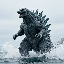 hyperrealistic photo of godzilla emerging from the ocean, raging, big splash, droplets, overcast, closeup, telephoto zoom, ultra detailed, sharp focus, cinematic, 1 0 0 mm, dslr, 4 k