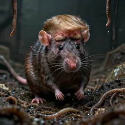a rat with donald trump face, filthy, sewer, garbage, worms, ugly, smooggy, dirty, grotesque, apocalyptic, cinematic, volumetric illumination, octane render, 8 k,