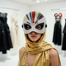 high quality photo of a white room. a film still of a girl wearing golden scarf and crystal vhs color rays helmet mask feature in vogue and gq. fashion ad. close up shot. haute couture dresses in givenchy and salvatore ferragamo. cannon ef 1 0 5 mm f / 2. 8.