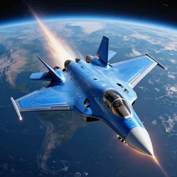 high detailed picture of a blue futuristic fighter jet space breaking the barrier to space, earth background, intricate detail, beautiful lighting, trending on artstation, 8 k