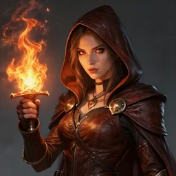 portrait of a mix between wizard and rogue, female, shiny fire spell and dagger, leather robes, high fantasy, dnd, face details, extremely detailed, smooth, sharp focus, digital illustration, by artgem, rossdraws, sakimichan