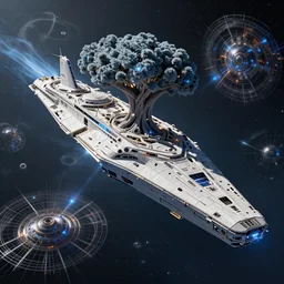 the interstellar cruise ship yggdrasill fills the scene, a kilometer long tree ship flying through space protected by the most complex force shields and erg force fields.