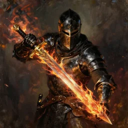 An oil painting of a dark knight wielding a flaming sword