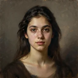 alla prima portrait painting of young woman with dark hair, dark beige grey background, lights and shadows, beautiful composition
