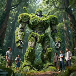 A large robot statue made of stone covered in foliage in the middle of a forest by Greg Rutkowski, Sung Choi, Mitchell Mohrhauser, Maciej Kuciara, Johnson Ting, Maxim Verehin, Peter Konig, final fantasy , 8k photorealistic, cinematic lighting, HD, high details, atmospheric,