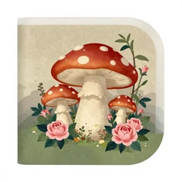 pocket tape design, japanese hand - painted style, mushroom house and roses