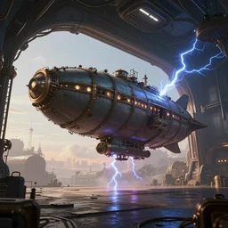 a concept art of a steampunk airship exiting it's hanger to sail away in the morning sky, concept art, trending on artstation, steampunk, volumetric lightning