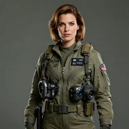 epic professional digital portrait art of woman wearing airforce jumpsuit, 4 0 mm lens, facing front, by neal adams, artstation, cgsociety, wlop, epic, much wow, much detail, gorgeous, detailed, cinematic, masterpiece
