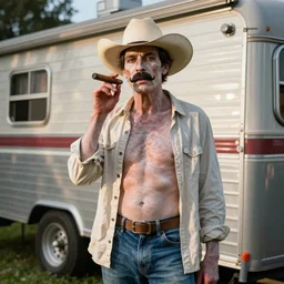 rupaul standing in front of a trailer home, poor, pale skin, jeans, open shirt, mustache, cigar, cowboy hat