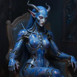 neoclassicist renaissance close - up portrait of singularity blue demon seated, with high tech body interface. iridescent textures. highly detailed fantasy science fiction painting. highly detailed fantasy science fiction painting by vrubel and chris cunningham. dark and volumetric. artstation