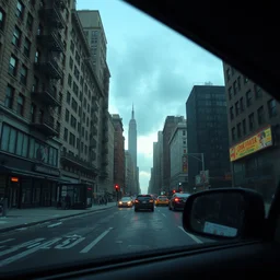 a view of apocalyptic new york street from perspective of car window