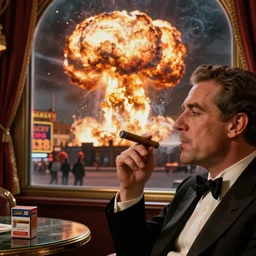 Mr. House, realistic, highly detailed face, looks at the nuclear, ! big nuclear explosion !, from the window of the Lucky 38 Casino, man smokes a cigar, ! holding in his Hand !, arm,cigarette advertising, hyperdetailed, artstation trending, ultra HD, artstation, photorealism, ultrarealistic, retro, 45mm, elegant,