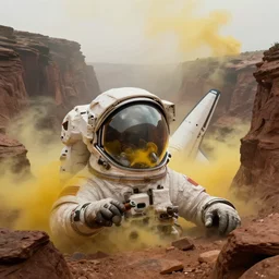 concept art, neill blomkamp movie shot, an astronaut's helmet, space shuttle wreckage in the alien grand canyon, yellow smoke, moody, heavy fog, wide angle, beautiful matte painting, ultra detailed, 8 k render