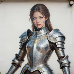 beautifully painted mural of a stunning young cyborg muse in ornate royal armor, piercing glowing eyes, vogue poses, striking composition, vivid details, beautiful composition, mural in the style of sandro botticelli, caravaggio, albrecth durer, 8k