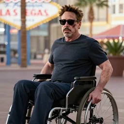 robert downey jr in a wheelchair with dark sunglasses, grey facial flesh, rigor mortis inanimate corpse in a wheelchair, robert downey starring in weekend at bernie's, bernie goes to vegas,