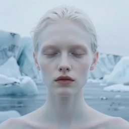 out of focus photorealistic portrait of a beautiful aesthetic pale woman by saul leiter, behind an ice sheet, very blurry, translucent white skin, closed eyes, foggy