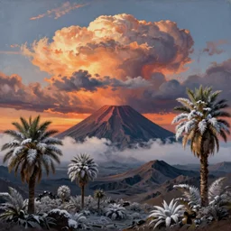 stunning landscape of unique cloudy sunset, dead volcano, snowy palm trees, intricate details, digital art by rob gonsalves, oil on canvas by ivan shishkin