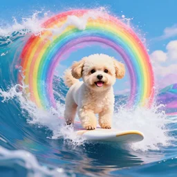 a cream-colored Havanese dog surfing on the front of a surfboard on top of a rainbow, psychedelic cosmic wave of energy, photo