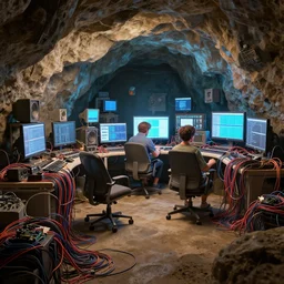 a cave with many computers and piles of modular synth cables, by cameron gray, wlop, stanley kubrick, masamune, hideki anno, unique perspective, trending on artstation, 3 d render, smooth render