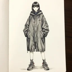 a manga sketch by gege akutami of a girl wearing a balenciaga designed anorak and yeezy sneakers