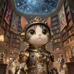 cute steampunk cat in a polygonal library walls and glass ceilings showing the stars and hanging silk drapery and tapestries, light dust, magnificent, close up, details, sharp focus, elegant, highly detailed, illustration, by Jordan Grimmer and greg rutkowski and PiNe(パイネ) and 薯子Imoko and 香川悠作 and wlop and maya takamura, intricate, beautiful, Trending artstation, pixiv, digital Art