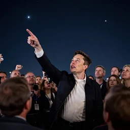 elon musk pointing at the stars while people are crowding around