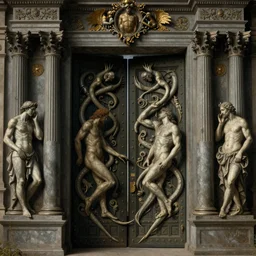 an intrincate and ornamental fromt view of the gates of hell, by Rembrandt and Godward, symmetrical composition, symbolist painting, techno gargoyles, entwined bodies, sharp focus, no people 4k