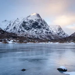 award winning landscape photography, scottish mountains in winter with frozen loch