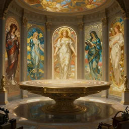 a religious scifi room with a floating platform in the center, intricate digital painting artstation concept art smooth sharp focus illustration, art by artgerm and greg rutkowski and alphonse mucha