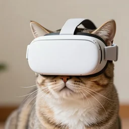 a 4 k photorealistic photo of a cat wearing a white vr headset on her head
