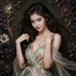portrait of a young attractive woman in flowing sensual dress, arrogant, long fine flowing hair, delicate, looking at camera, slight nerdy awkward smile, realistic face, realistic hands, stylish, elegant, grimdark fantasy, flowers, mysterious, extremely detailed painting inspired by Gerald Brom and Ernst Haeckel and Victor Nizovtsev, studio lighting
